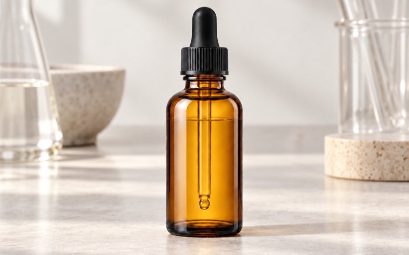 Amber glass dropper bottles, cream jars and Boston rounds for cosmetic and personal-care brands